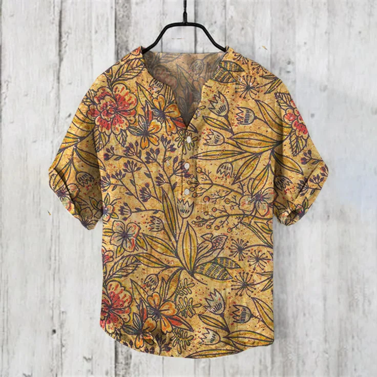 Retro Flower Graphic Printed Short Sleeve Shirt