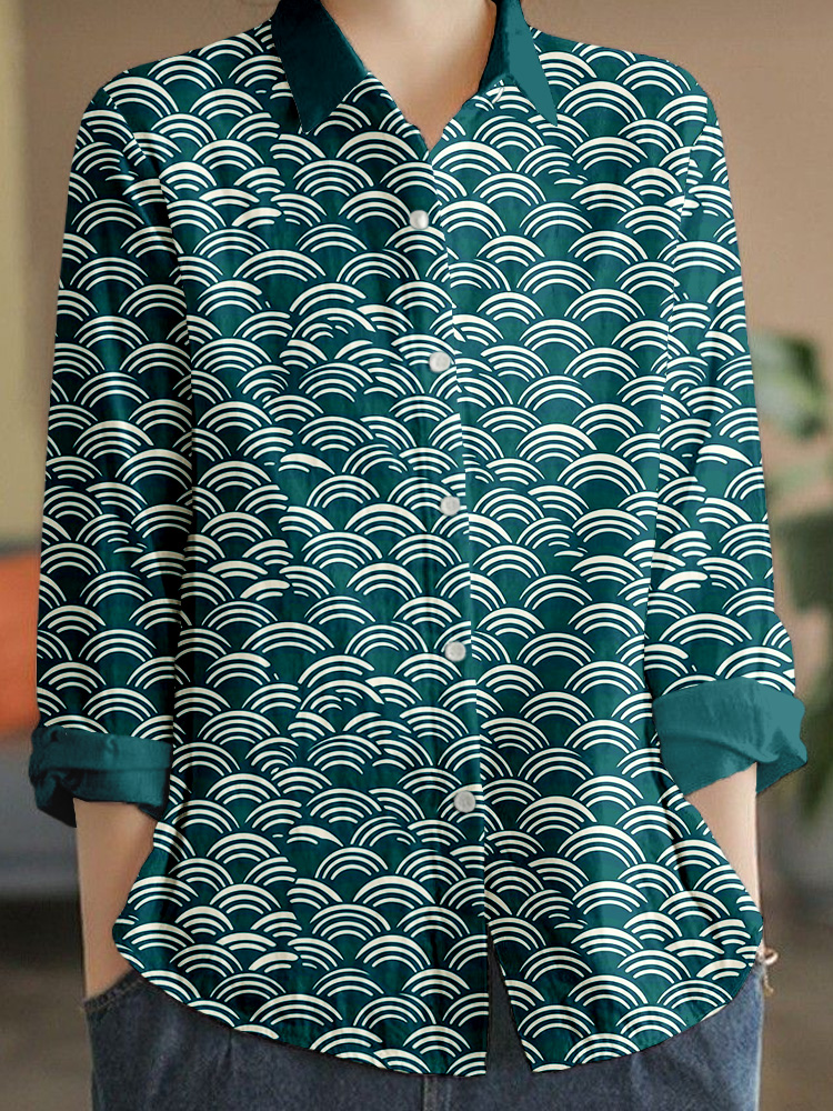 Comstylish Japanese Minimalism Wave Pattern Linen Blend Blouse