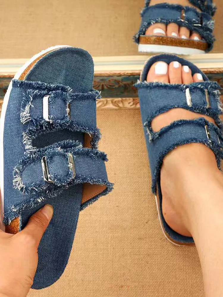 Fashion Plain Open Toe Denim Dual Strap Flats Slide Sandals