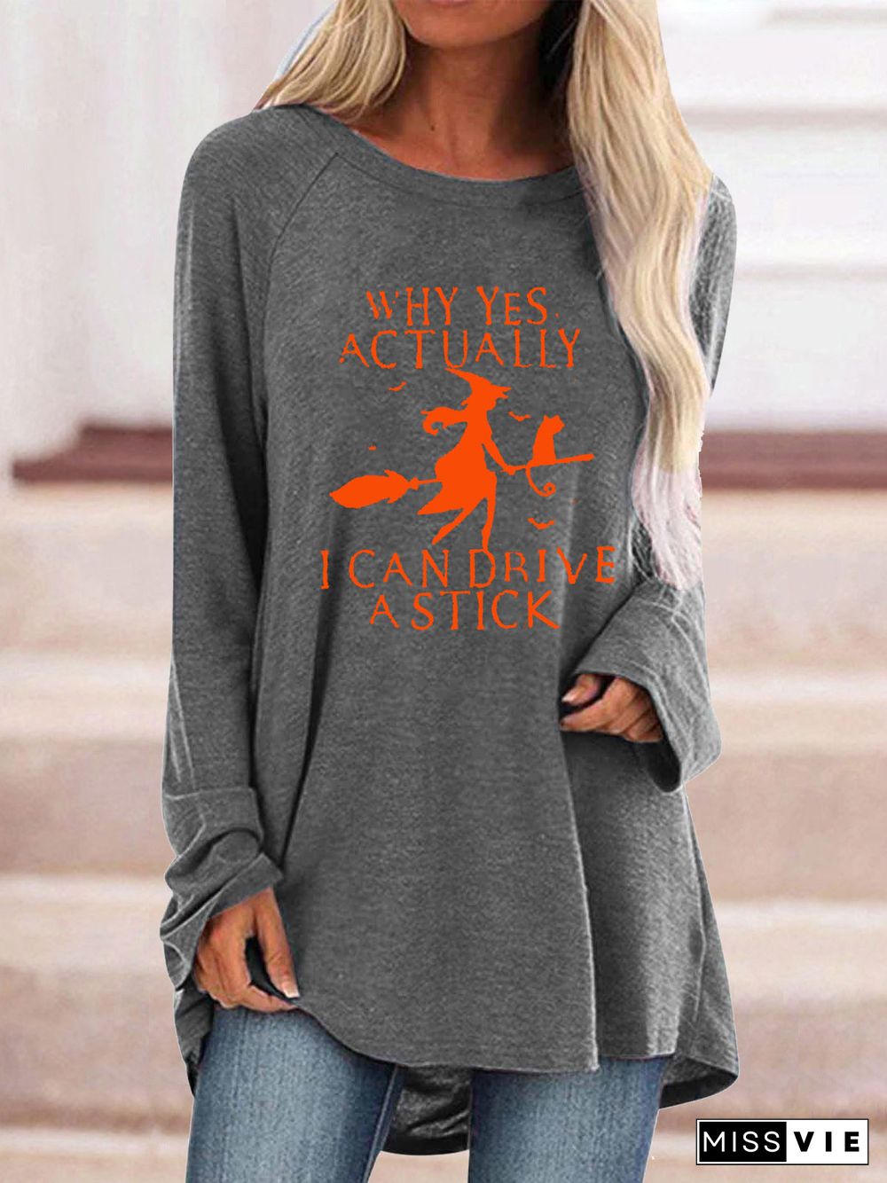 Women Long Sleeve Scoop Neck Solid Letter Graphic Top
