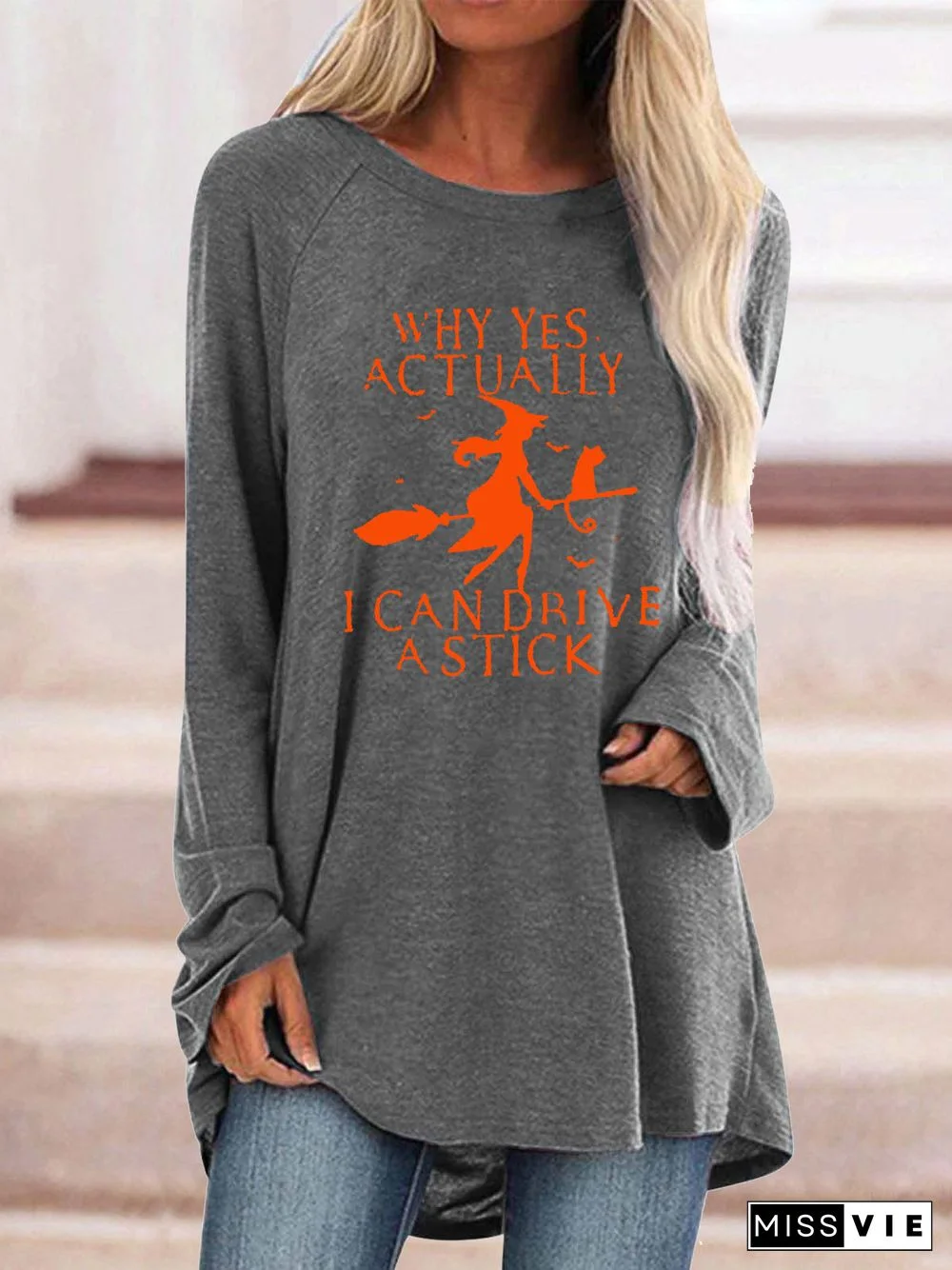 Women Long Sleeve Scoop Neck Solid Letter Graphic Top
