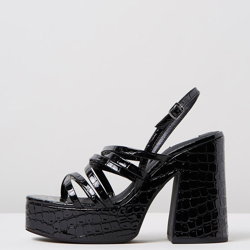 TAAFO Black Plaid Embossed Platform Sandals Woman High Chunky Heels Buckle Strap Female Ladies Shoes