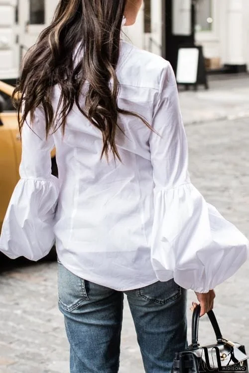 MidiSono - Button Puff Sleeve Shirt