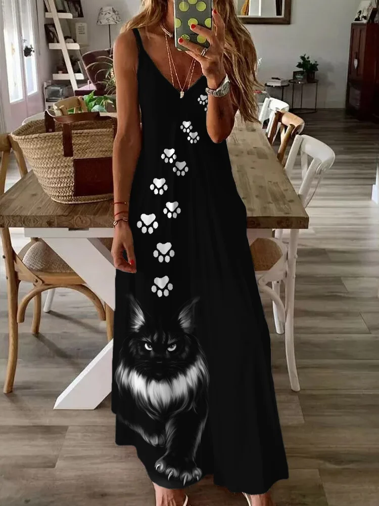 Elegant Black Cat And Paws Pattern V Neck Cami Maxi Dress