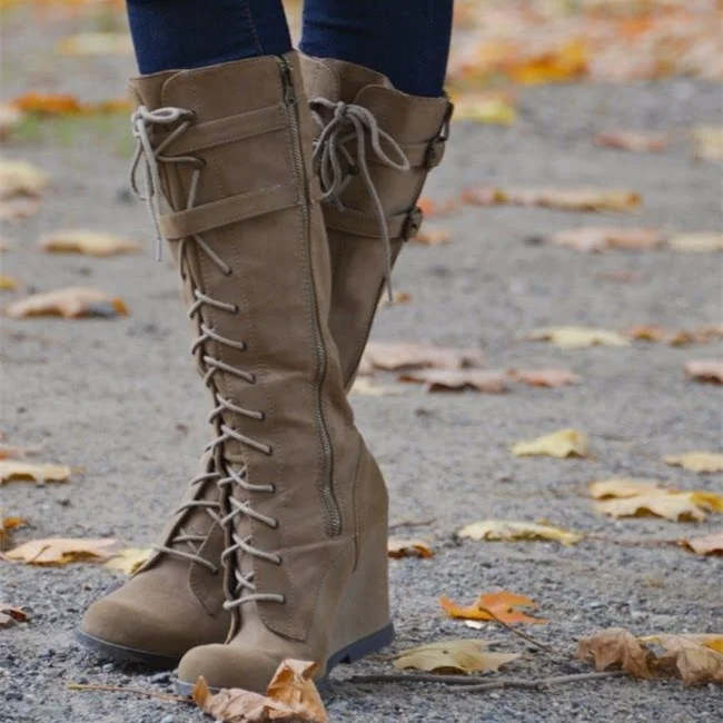 Brown Round Toe Lace Up Knee High Wedge Boots Vdcoo