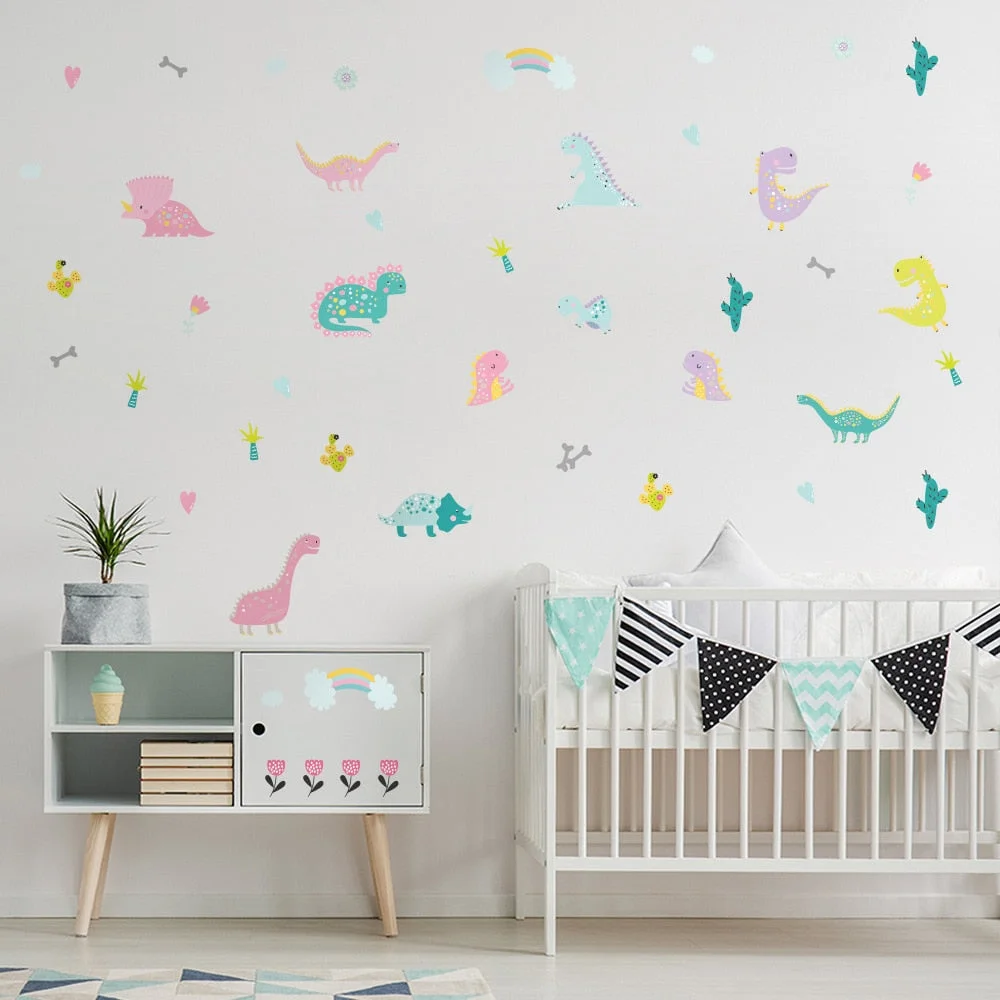 Cartoon Dinosaur Wall Sticker Kids Room Nursery Bedroom Living Room Mural Art Vinyl Decals Macaron Kindergarten DIY Wallpaper Ho