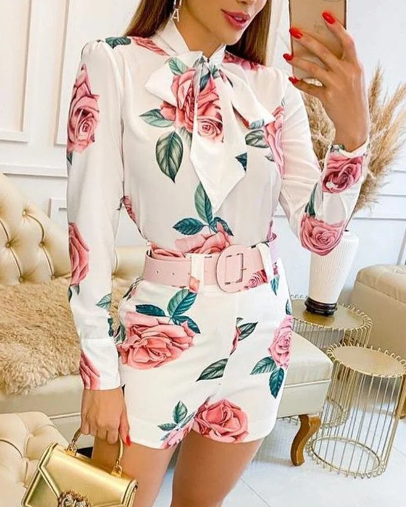 CM.YAYA Beach Holiday Women's Tracksuit Floral Leaf Long Sleeve Shirt and Shorts Matching Two 2 Piece Set Outftis Sweatsuit
