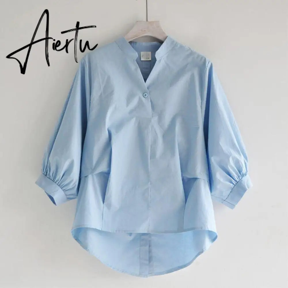 Aiertu  Summer Korea Fashion Women White V-neck Shirt   Lantern Sleeve Loose Blouses back split Button Shirts Ladies Tops Aiertu