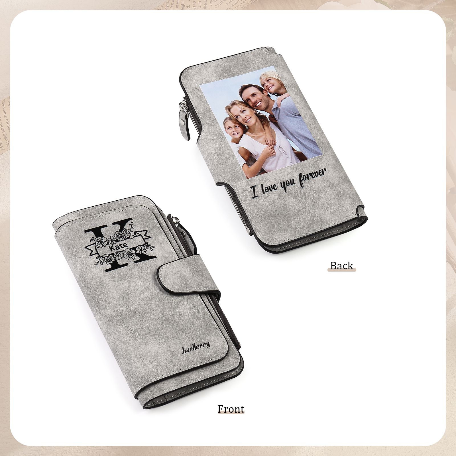 Portafoglio in PU pelle con 1 letetra & 1 testo & 1 nome & 1 foto personalizzati per mamma/nonna