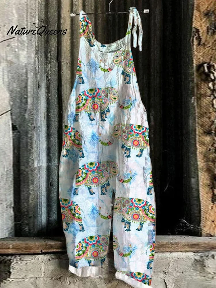 Ethnic Elephant Linen Blend Loose Casual Jumpsuit