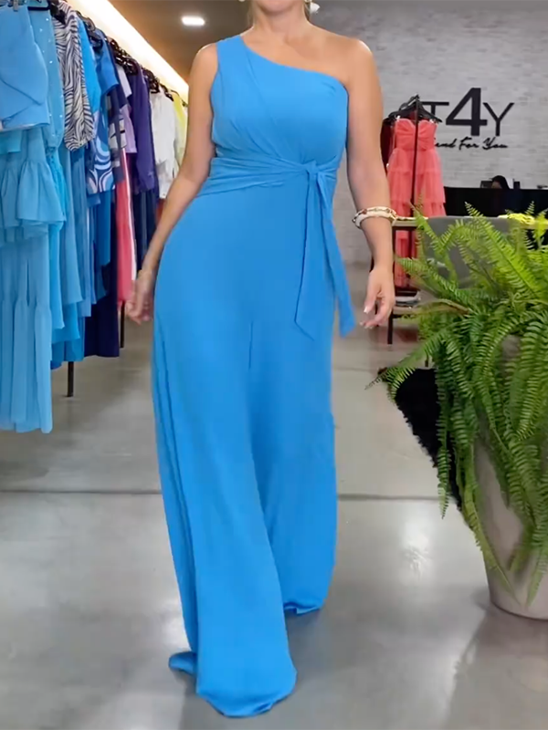 Solid Color Loose Sleeveless One-Shoulder Jumpsuits