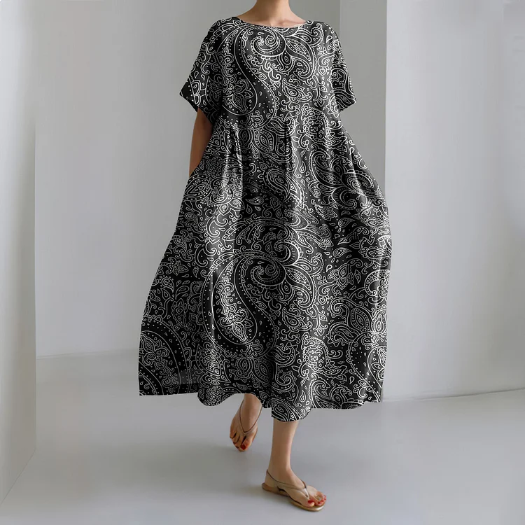 Vintage Ethnic Paisley Geometric Pattern Linen Blend Maxi Dress