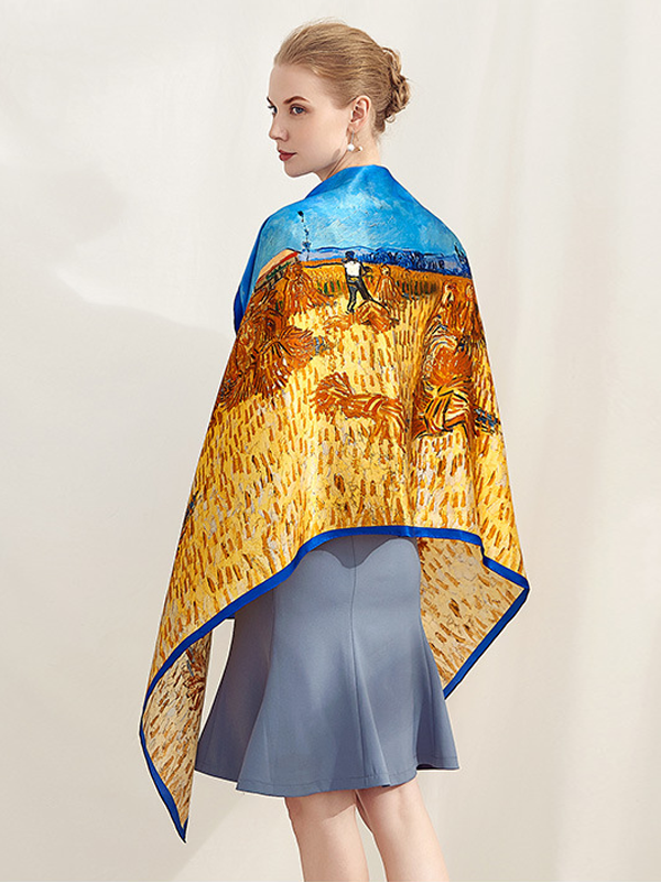 Orange And Blue Silk Scarf Satin Harvest Oil Painting Style