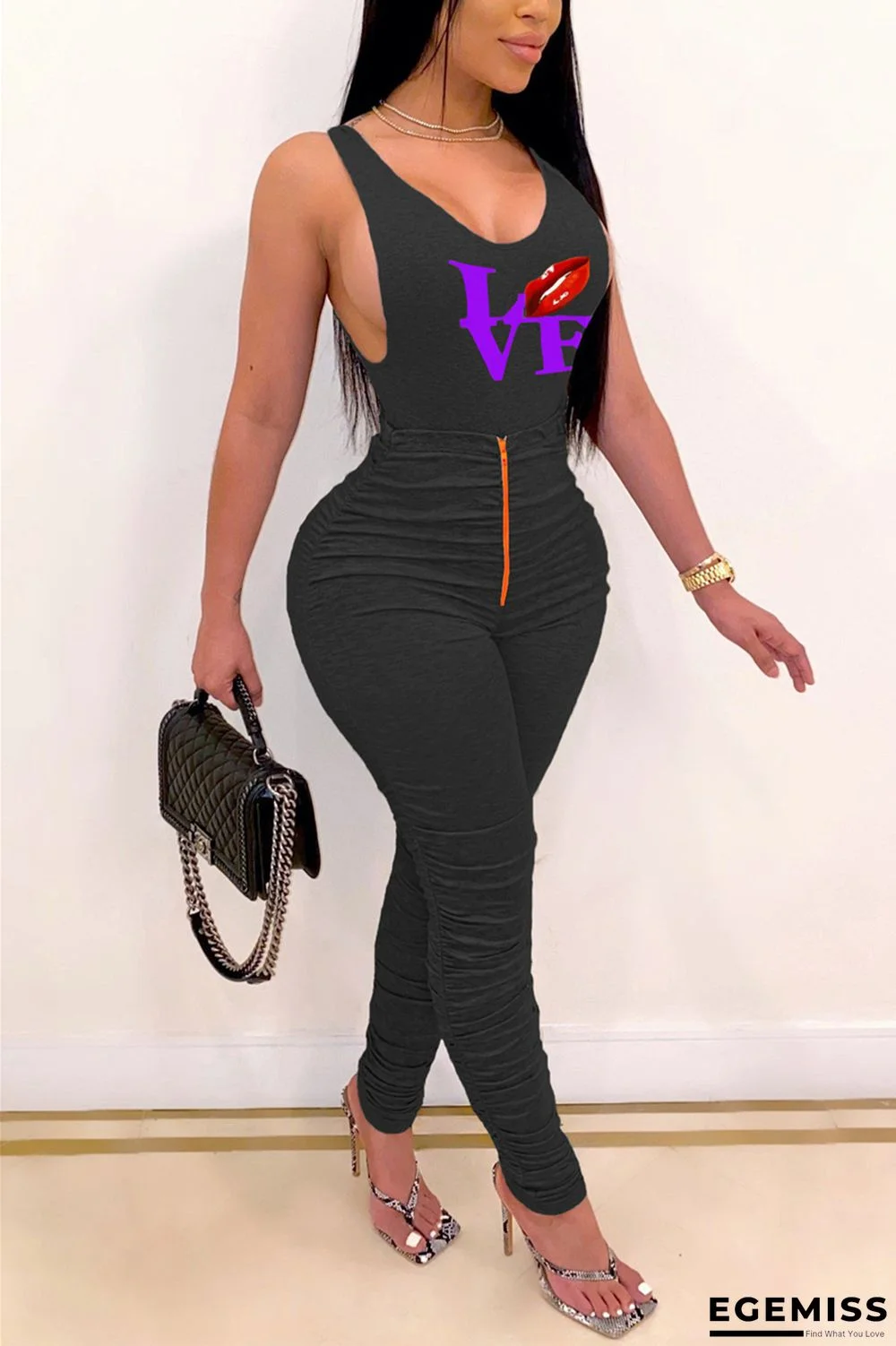 Black Fashion Casual adult Ma'am Print Two Piece Suits pencil Sleeveless Two Pieces | EGEMISS