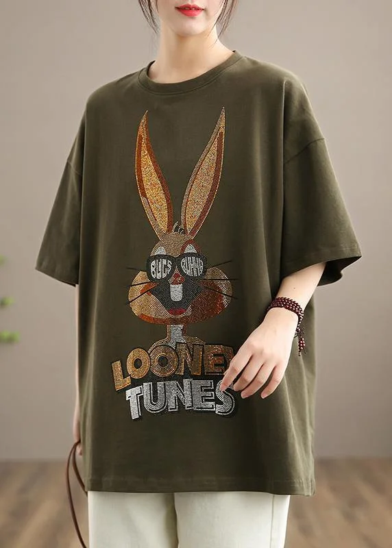 Diy O neck Half Sleeve Spring Top Silhouette Pattern Army Green Pattern Blouse