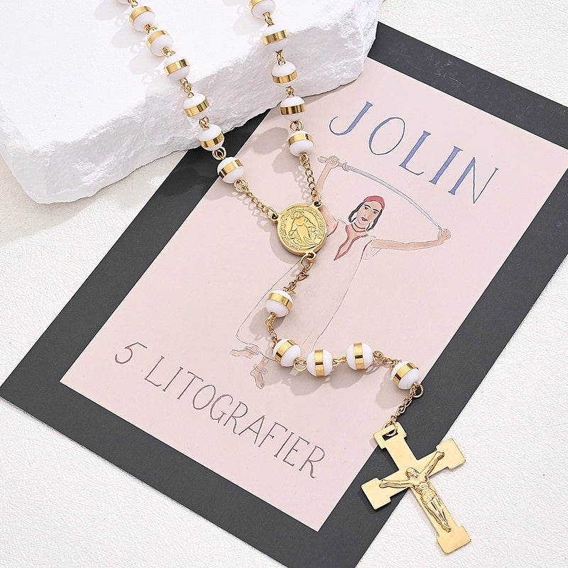 304 Stainless Steel Silica Gel 18K Gold Plated Beaded Polishing Plating Cross Virgin Mary Oval Sweater Chain Long Necklace Necklace