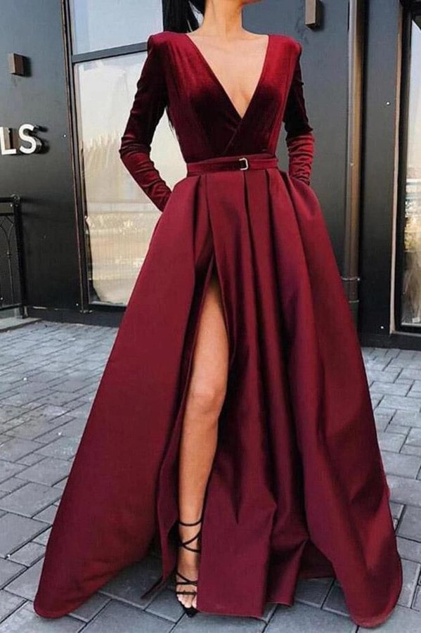 Bellasprom Long Sleeves Burgundy Prom Dress With Split V-Neck