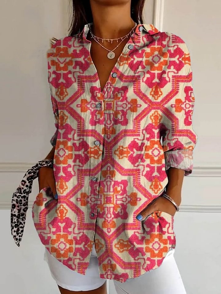 Women's Ethnic Floral Art Print Casual Cotton Shirt