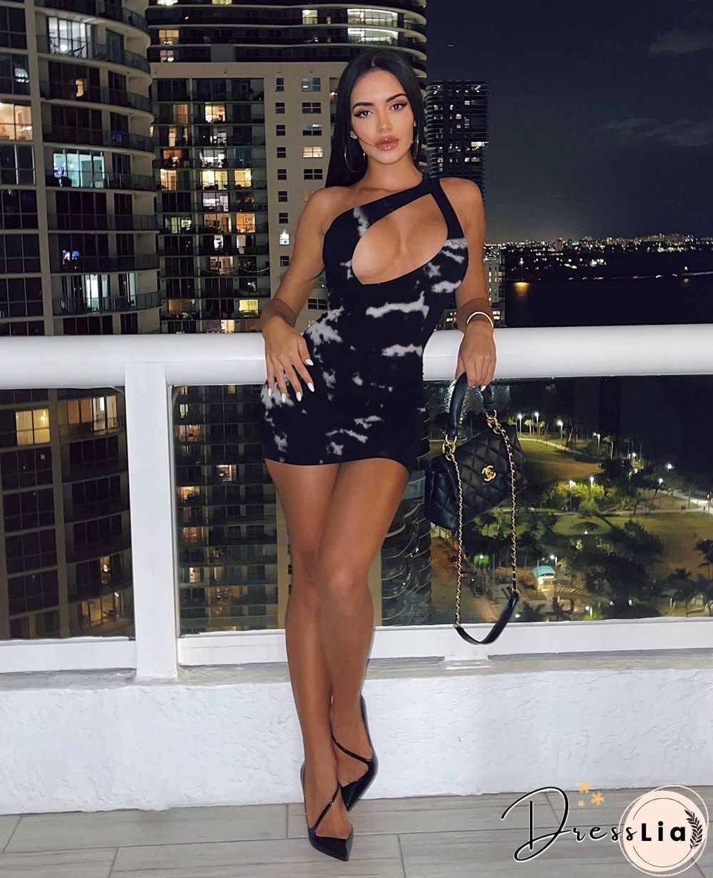 Summer Casual Sleeveless One Shoulder Hollow Cut Out Tie-Dye Bodycon Women Mini Dress