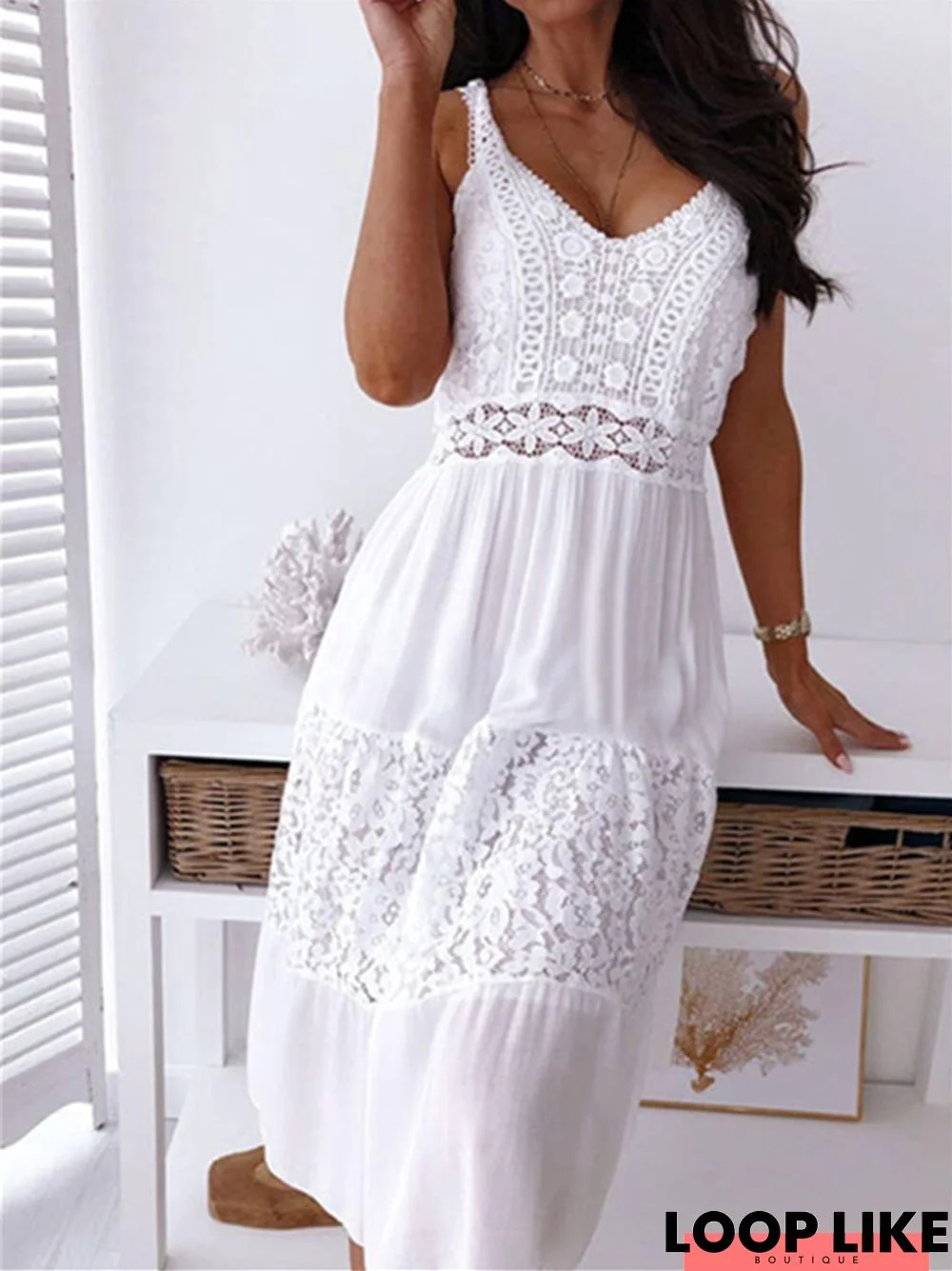 New Lace Stitching Strap Beach Skirt Dress White Dresses