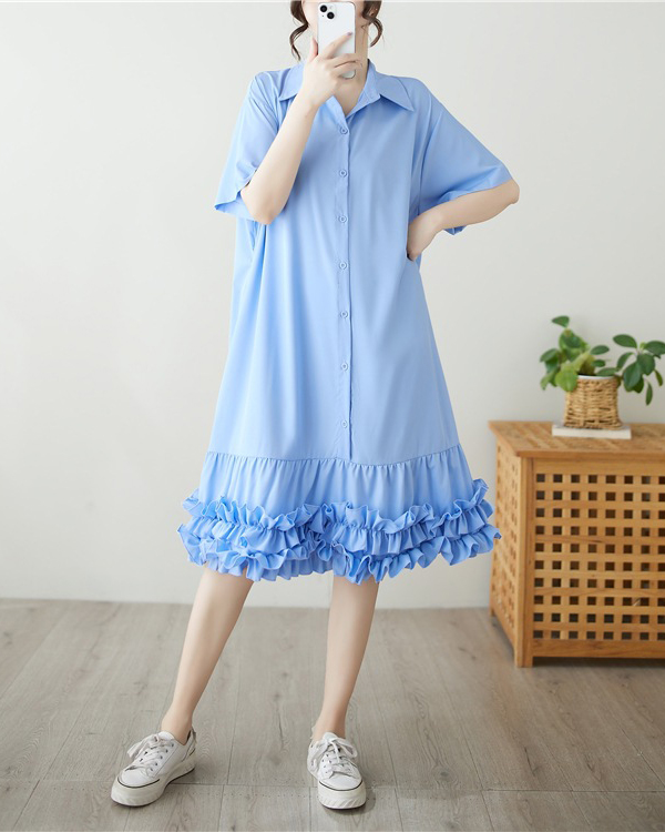 Ruffled Petal Hem Short Sleeve Side Pockets Shirt Midi Dress
