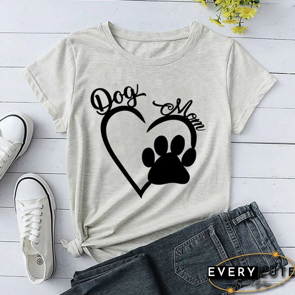 Cool Dog Mom And Heart Print T-shirt For Women Summer Fashion Casual T-shirts Short Sleeve Creative Personalized Tops