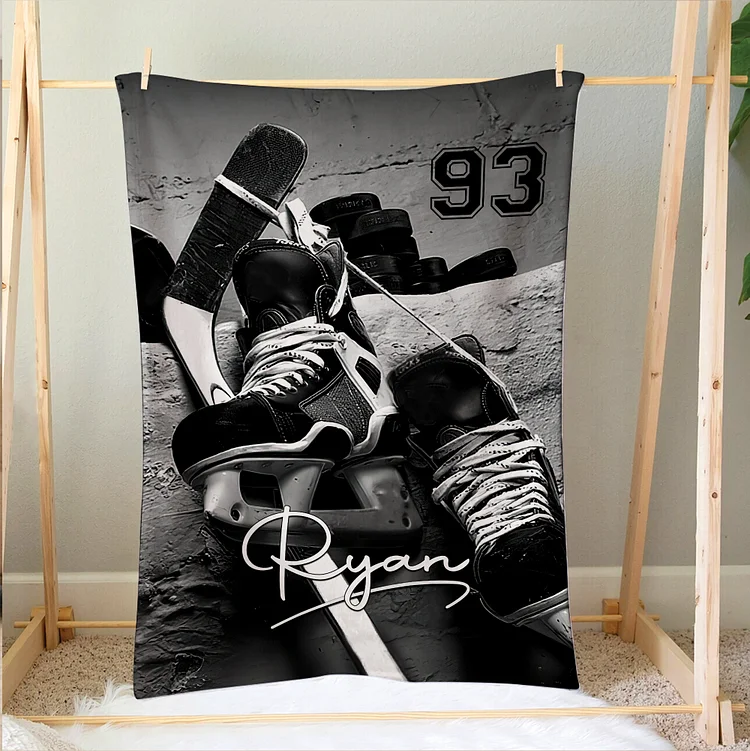 Personalized Hockey Blanket, Hockey Stick & Shoes Soft Cozy Blanket |BKKid317