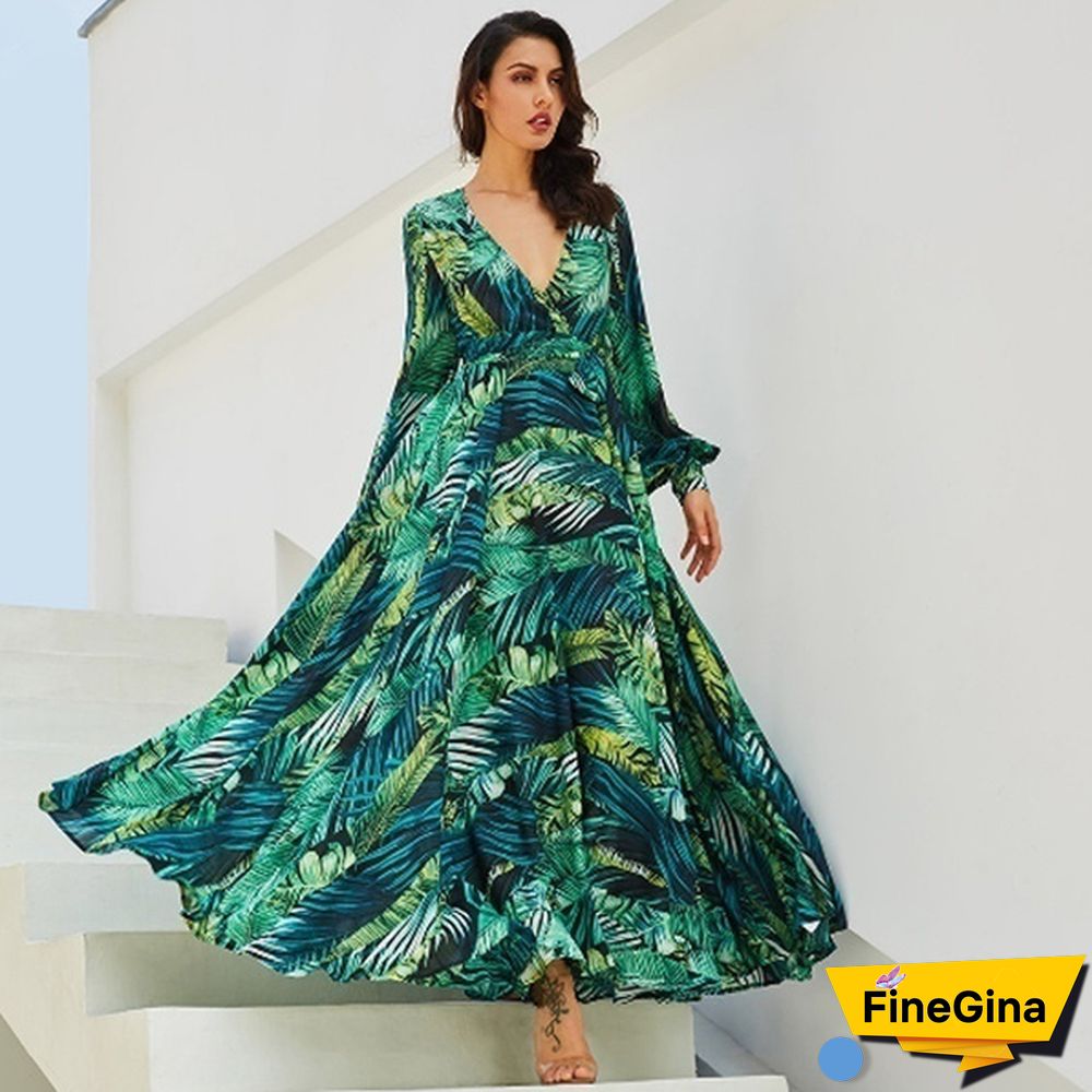 Green Purple Tropical Beach Vintage Maxi Dresses Long Sleeve Dress Boho Casual V Neck Belt Lace Up Tunic Plus Size Dress