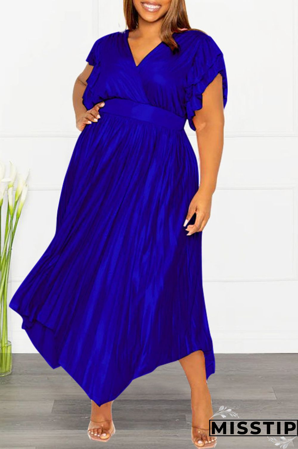Pink Casual Solid Patchwork V Neck Pleated Plus Size Dresses