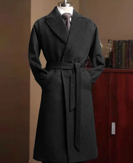 Lapel Collar Pockets Wrap Solid Long Sleeve Overcoat 