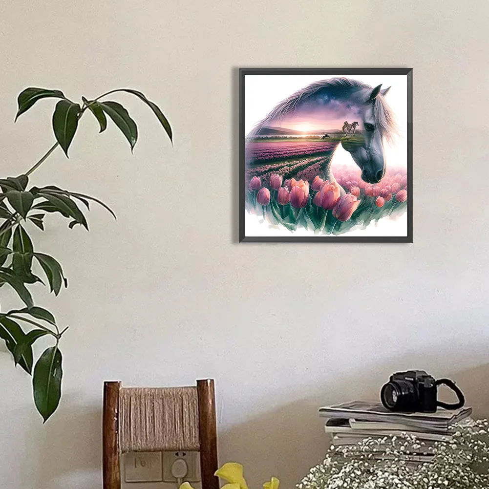 Diamond Painting - Full Round Drill - Tulip Horse Silhouettes(Canvas|30*30cm)