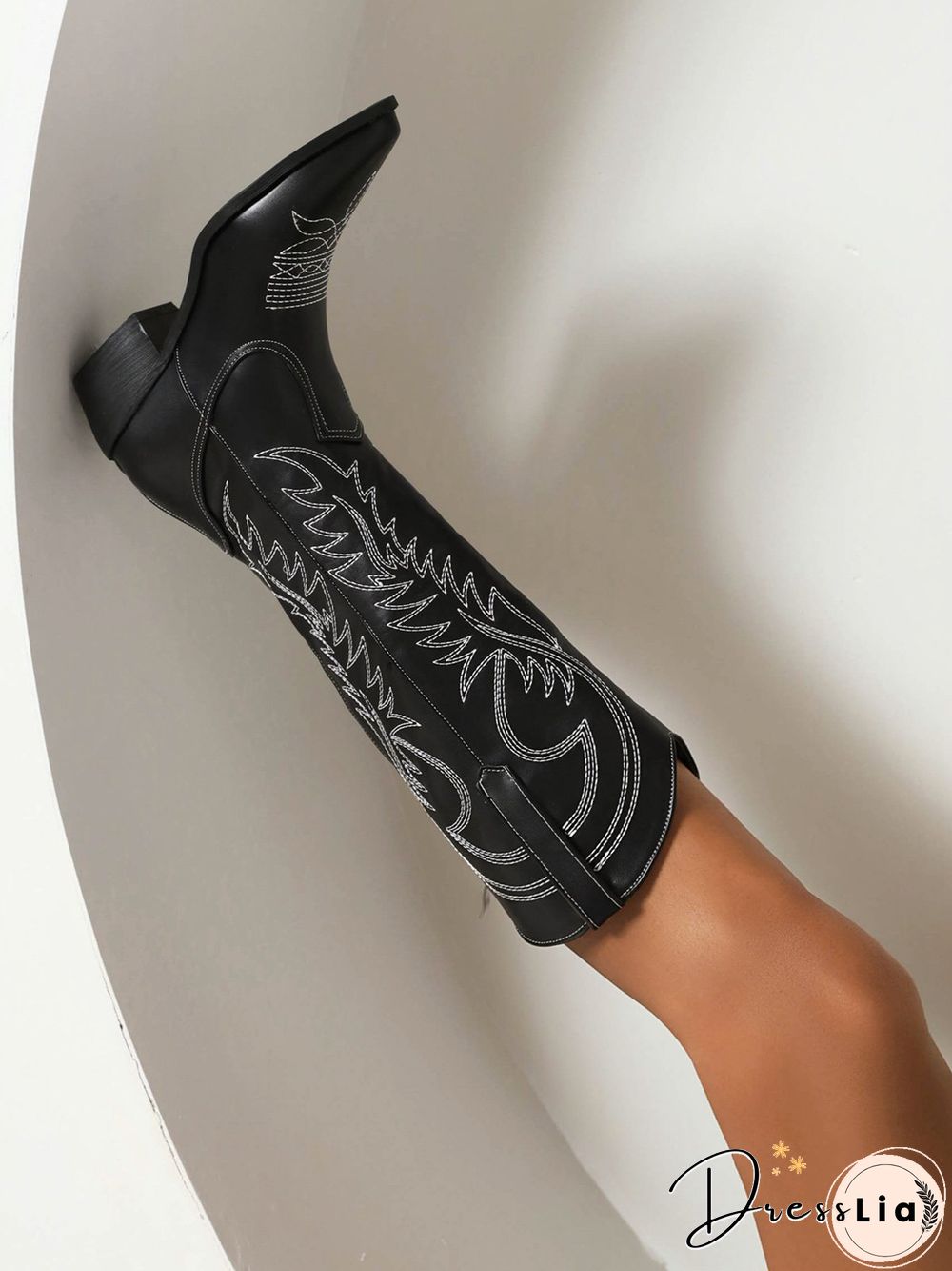 Embroidered Panel Plush Warm Pointed-Toe Cowboy Boots