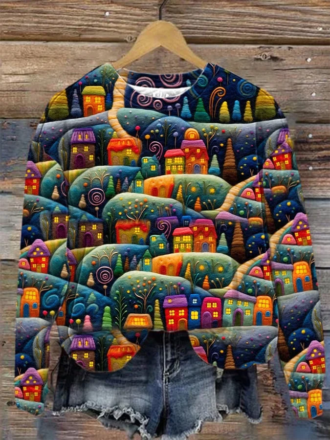 Women's Christmas House Print Sweatshirt-mysite