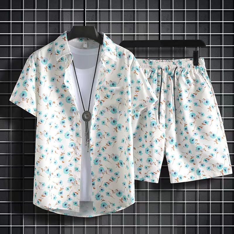 Wlmerlist New Summer Fashion Beach 2PCS Suits Mens Print Short Sleeve Shirt Tops And Shorts Two Piece Set Couple Hawaiian Holiday Outfits