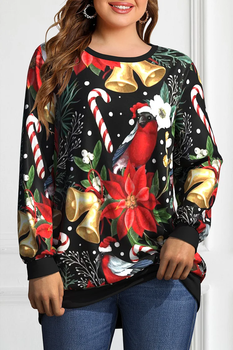 Flycurvy Plus Size Christmas Black Bells Floral Print Long Sleeve Sweatshirt  Flycurvy [product_label]