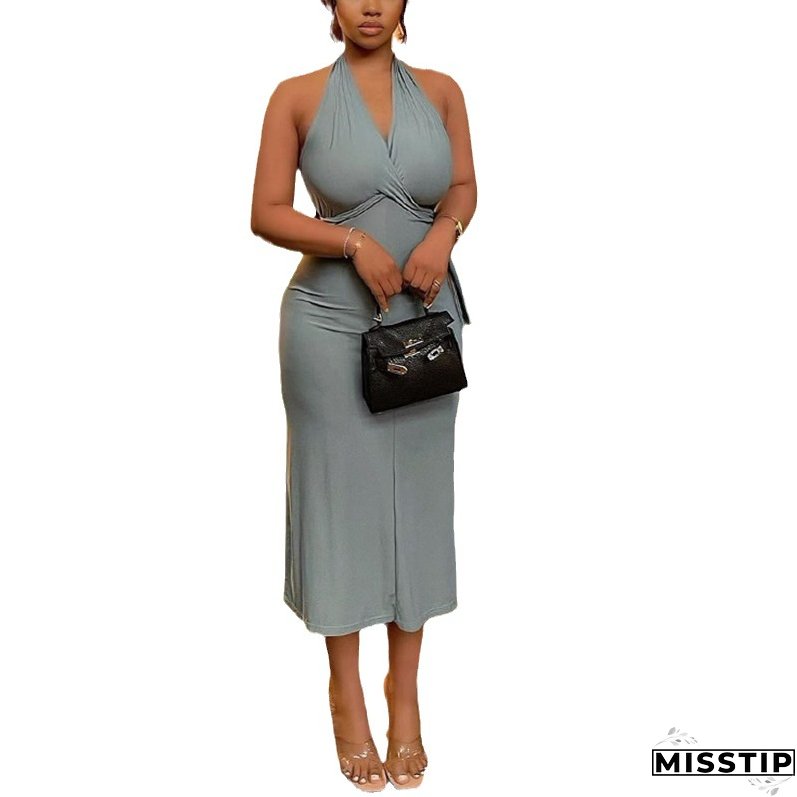 Women Solid Sexy Deep V-Neck Halter Neck Backless Dress