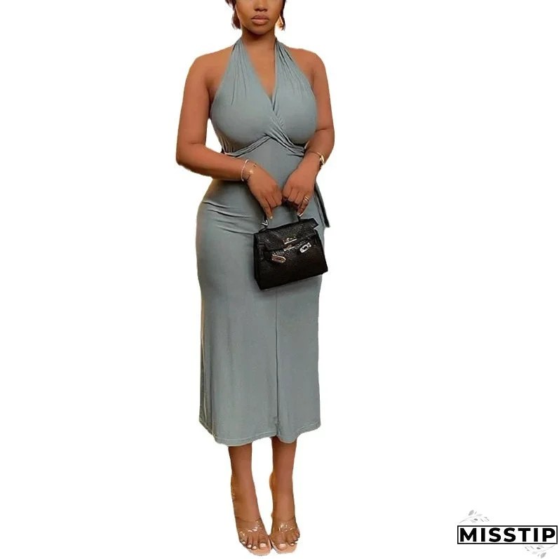 Women Solid Sexy Deep V-Neck Halter Neck Backless Dress