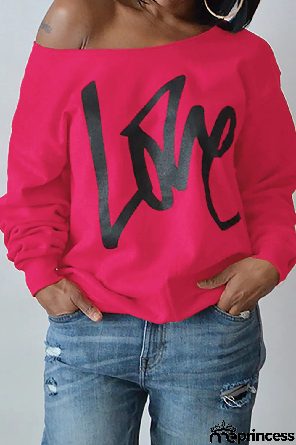 Purplish Red Fashion Casual Letter Print Basic Oblique Collar Tops