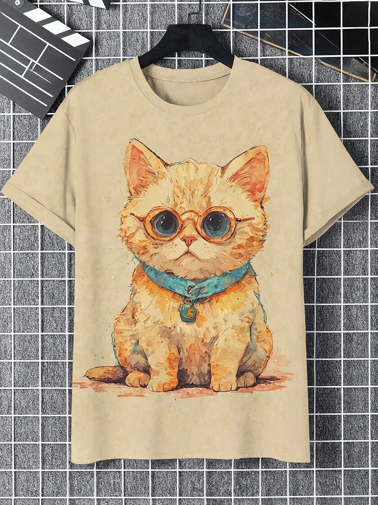 Men's Funny Art Glasses Cat Print Casual T-Shirt
