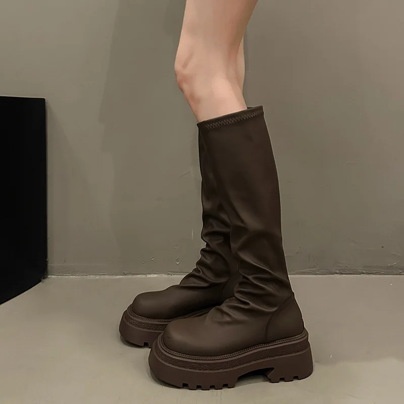 Yyvonne Autumn New British Folded Elastic Skinny Boots Retro Thick And Thick Bottom Pine Cake But Knee Long Boots Women