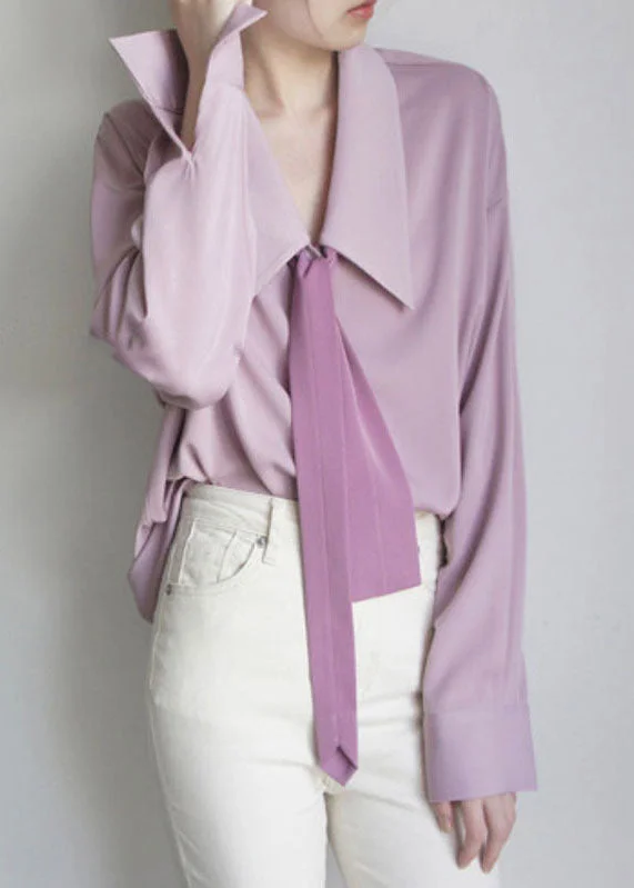 French Pink Bow Solid Chiffon Shirts Long Sleeve