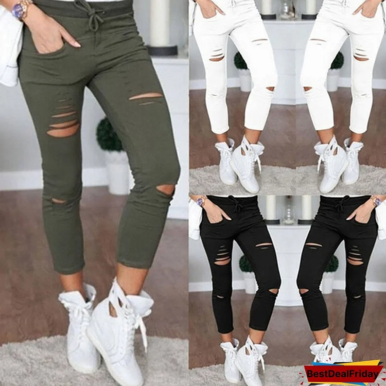 Female Trousers Women Hole Leggings Ripped Pants Slim Stretch Drawstring Trousers Pants Army Green Tights Pants