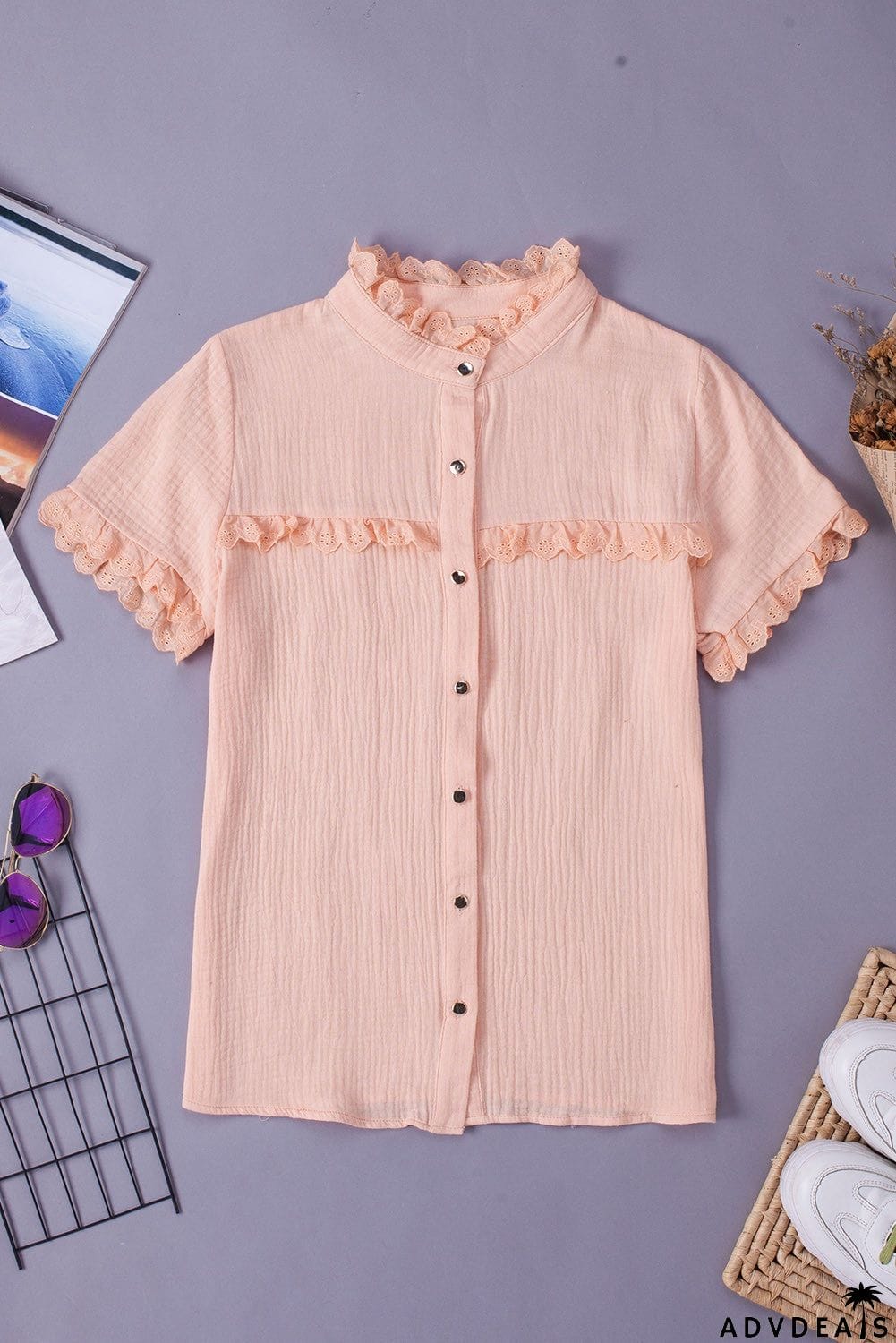 Scalloped Lace Trim Short Sleeve Shirt