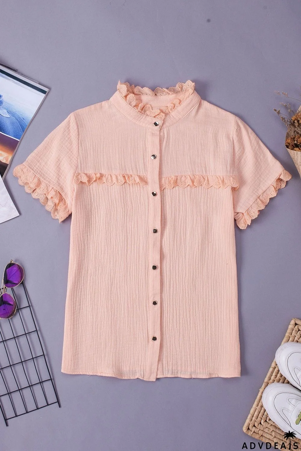 Scalloped Lace Trim Short Sleeve Shirt