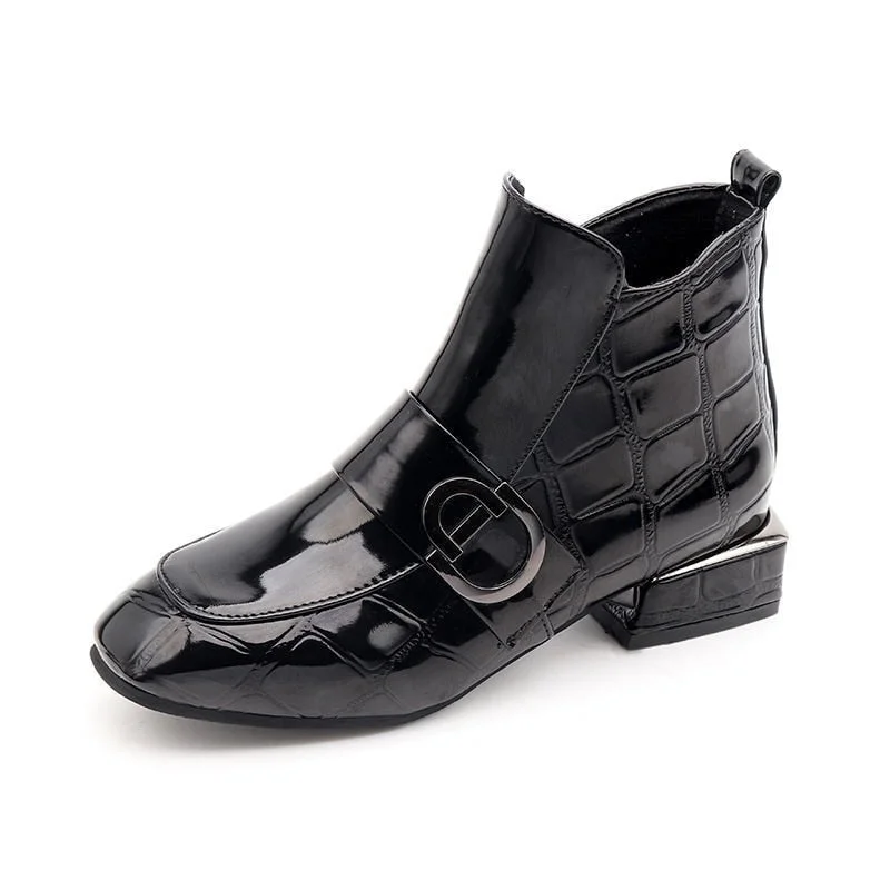 2021 Chic Women Boots Shiny PU Leather Autumn Winter Shoes Woman Spuare Toe Block Heels Ankle Boots Female Botas Zapatos Mujer
