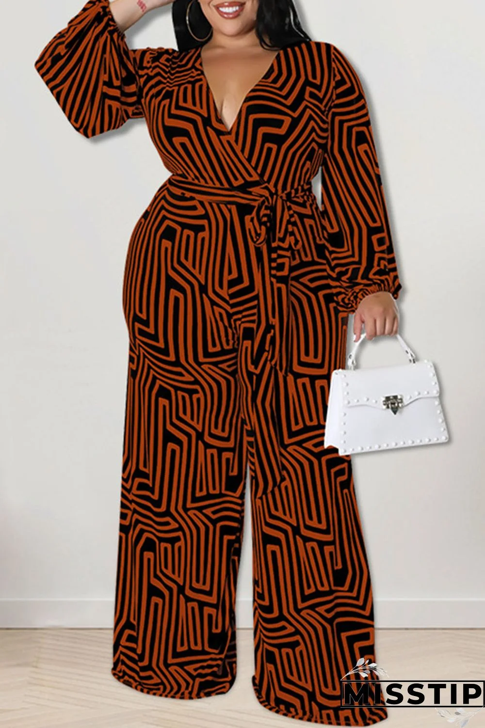 Tangerine Red Casual Print Bandage Patchwork V Neck Plus Size Jumpsuits