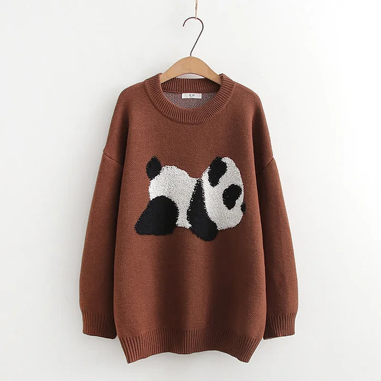 Panda Print Round Collar Knit Sweater   - Modakawa modakawa