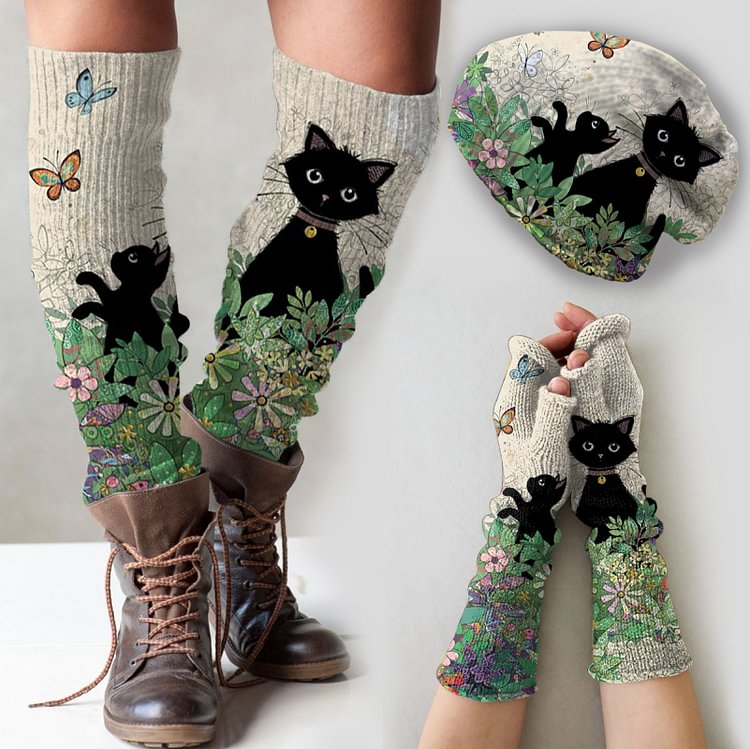 Vintage cat print knitted hat + fingerless gloves set+leg warmers