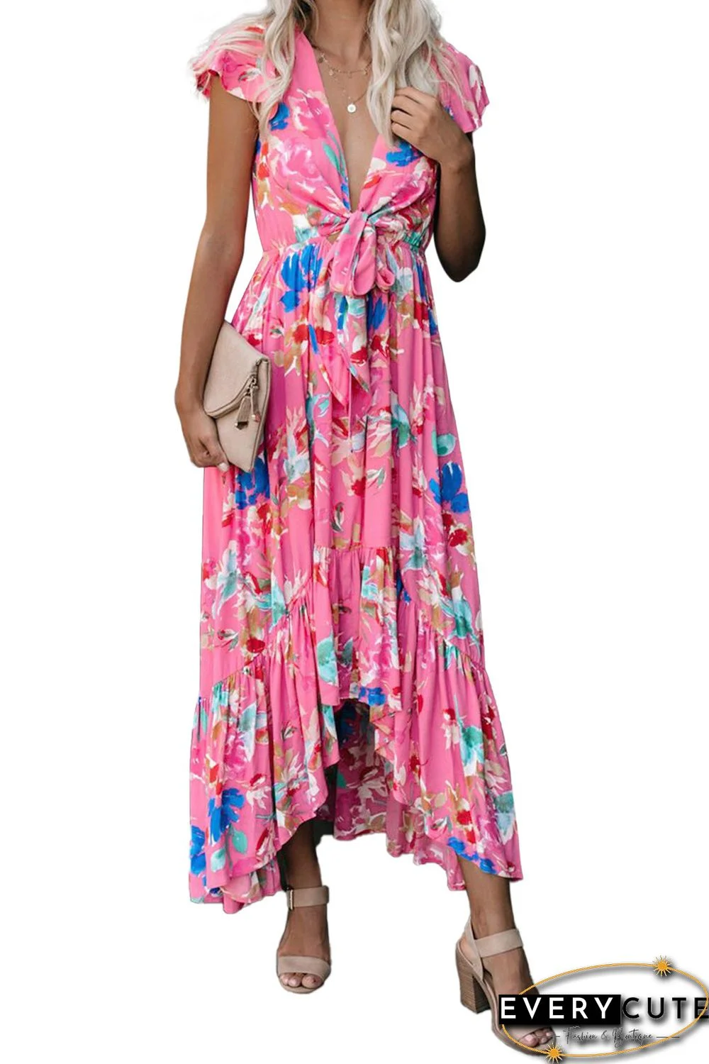 Rose Floral High Low Pocketed Tie Maxi Dress
