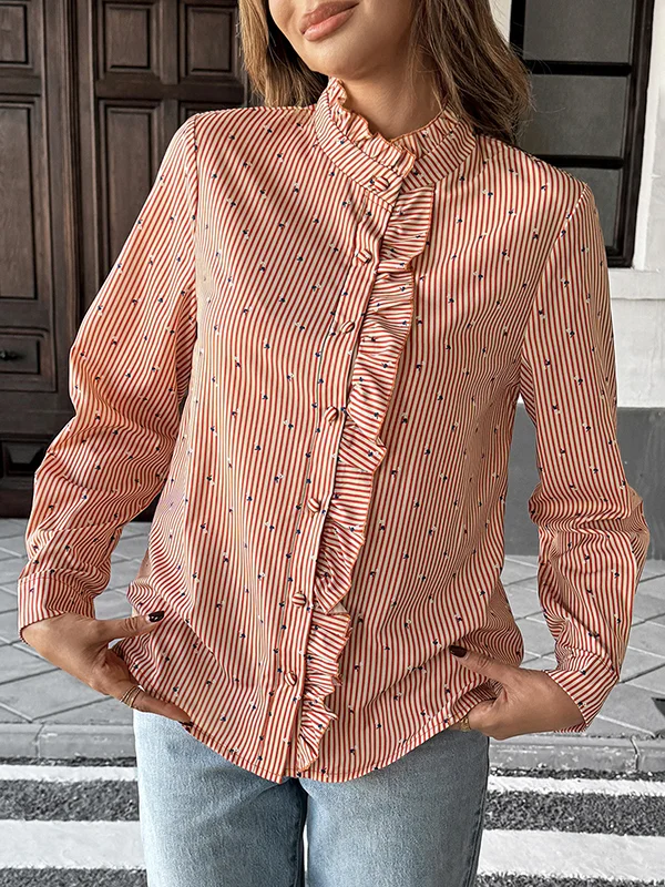 Buttoned Ruffle Trim Striped Long Sleeves Loose Mock Neck Blouses&Shirts Tops